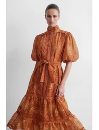Secret Rendezvous Brown Leaf Embroidered Tiered Maxi Dress - 7