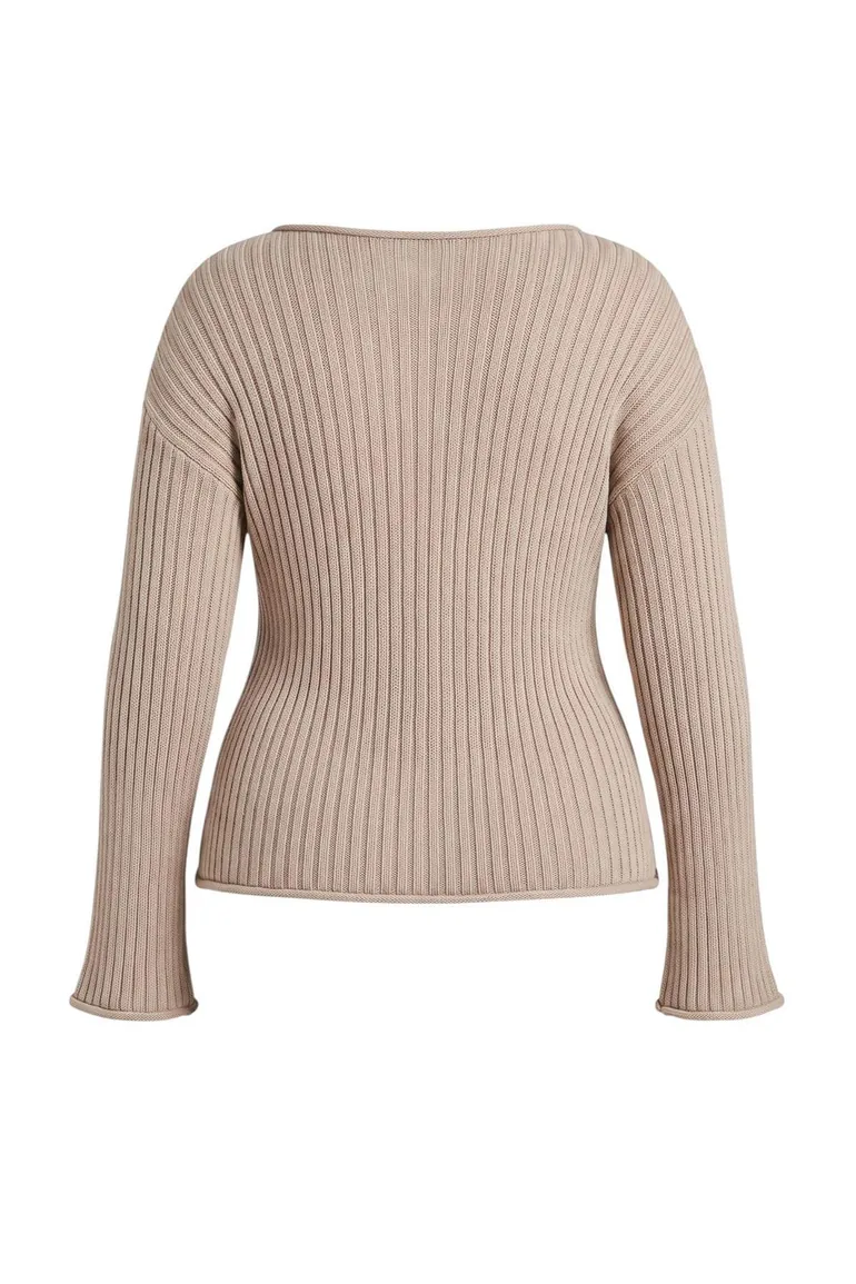 Wardrobe Essentials Beige Ribbed Plain Boat Neck Oversized Sweater - 3