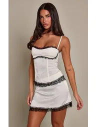 Cream Satin Jacquard Contrast Eyelash Lace Mini Skirt Co-Ord - 3