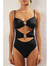 Black Strapless Sun Accessory Premium Cut Out/Window Regular Swimsuit - 2