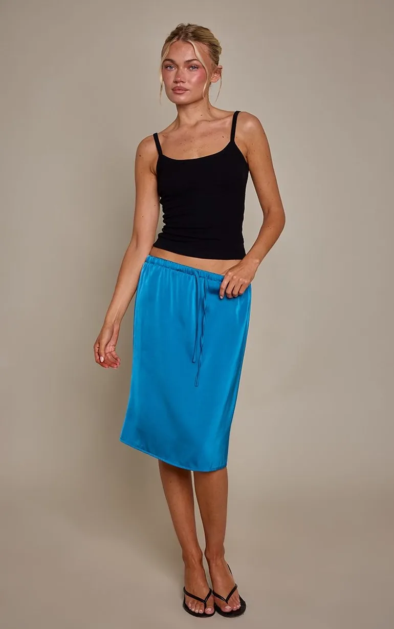 Blue Satin Midi Skirt