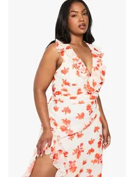 Plus Floral Chiffon Ruffle Wrap Dress - red - 3