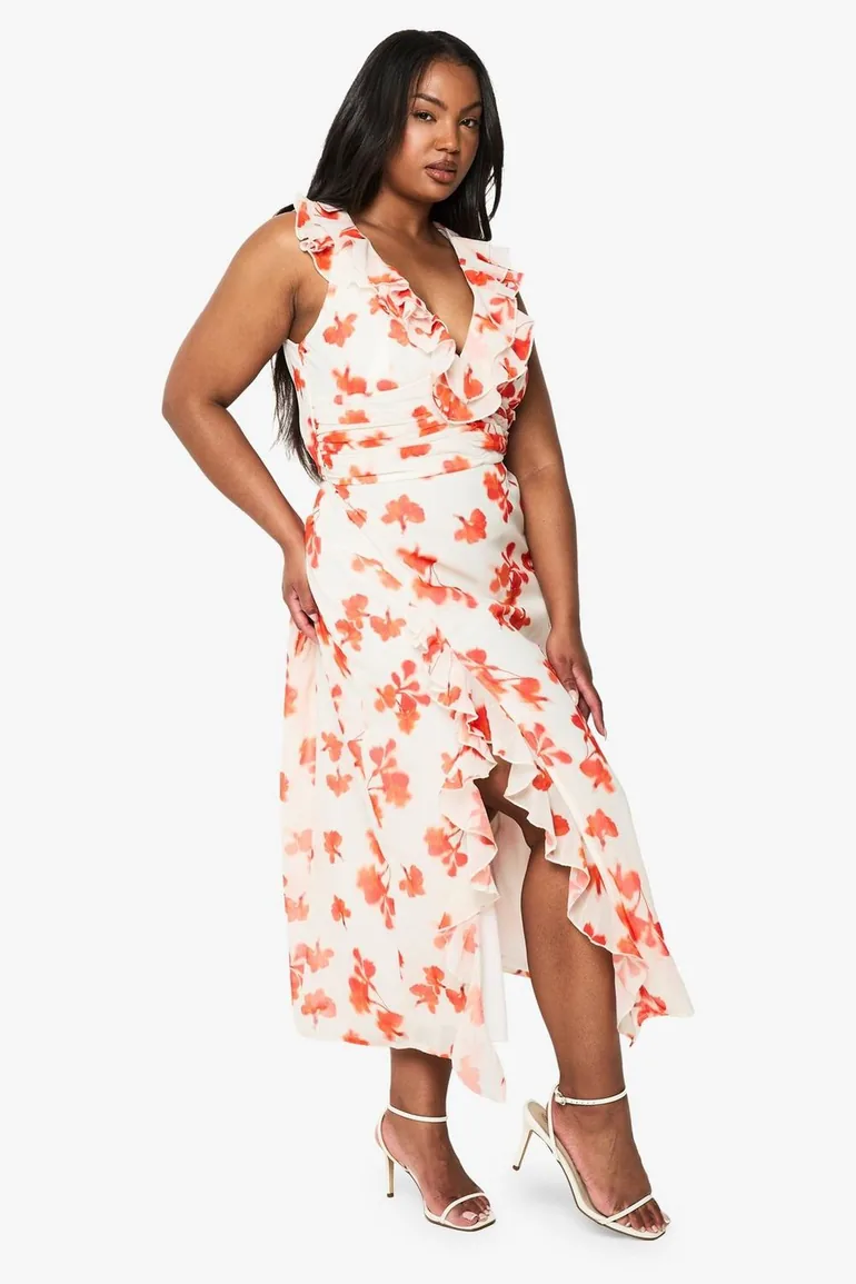 Plus Floral Chiffon Ruffle Wrap Dress - red - 2
