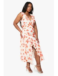 Plus Floral Chiffon Ruffle Wrap Dress - red - 2