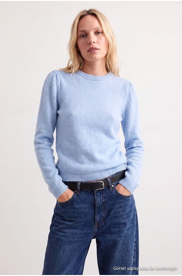 Light Blue Soft Textured Balloon Sleeve Fitted Knitwear Sweater
