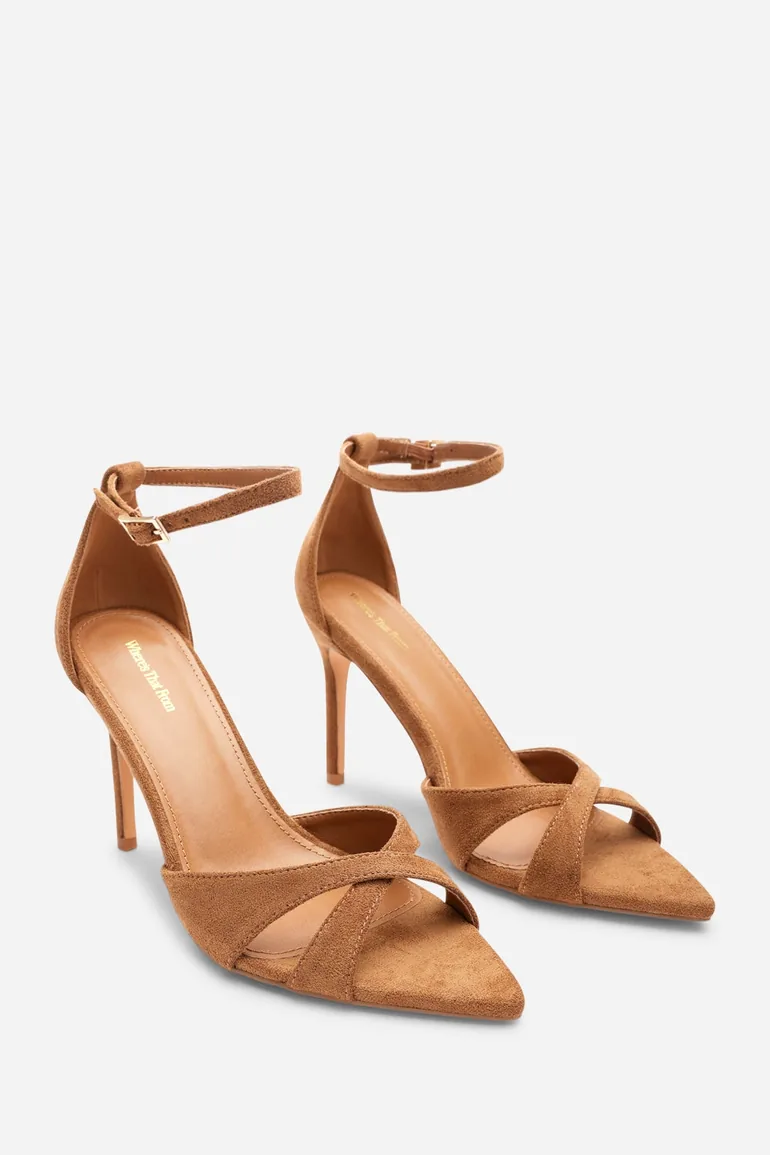 Patricia Wide Fit Cognac Suede Pointed Open Toe Cross Over Strappy Heels - 3