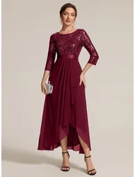 Three-Quarter Sleeve Ruffled Asymmetrical High-Low Evening Dresses