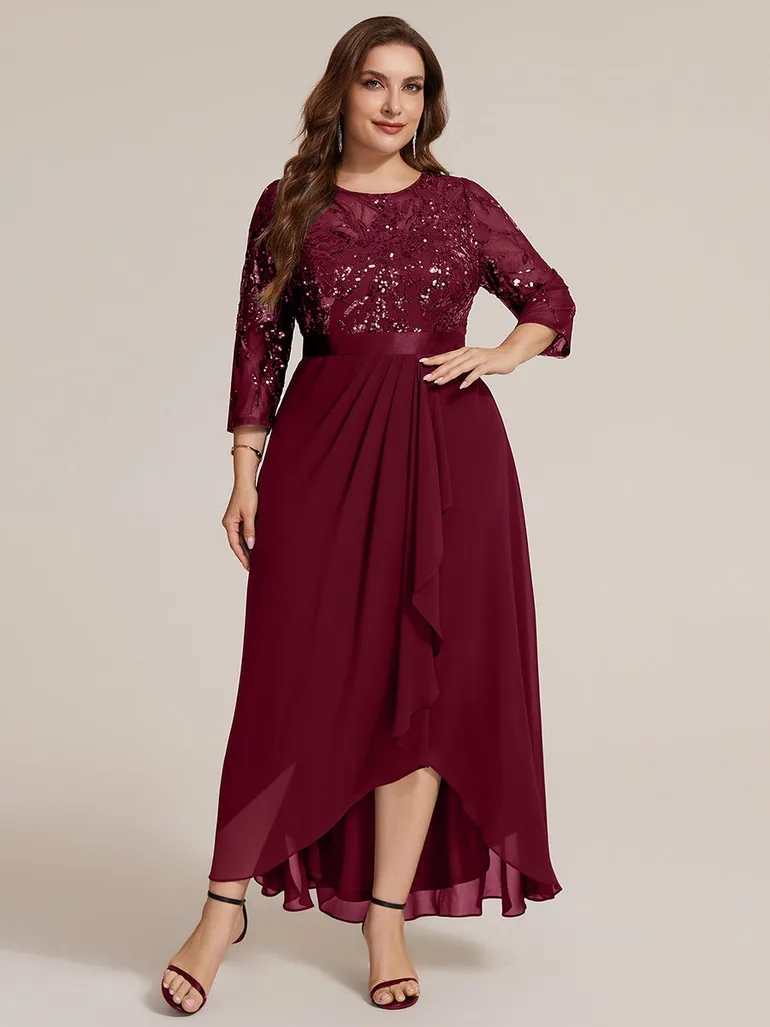 Three-Quarter Sleeve Ruffled Asymmetrical High-Low Evening Dresses - 9