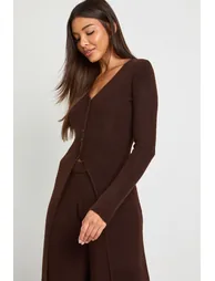 Longline Button Cardigan and Wide Leg Trouser Co-Ord - chocolate - 1