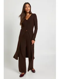 Longline Button Cardigan and Wide Leg Trouser Co-Ord - chocolate