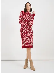 Turtle Neck Patterned Sweater Knee Length Dress