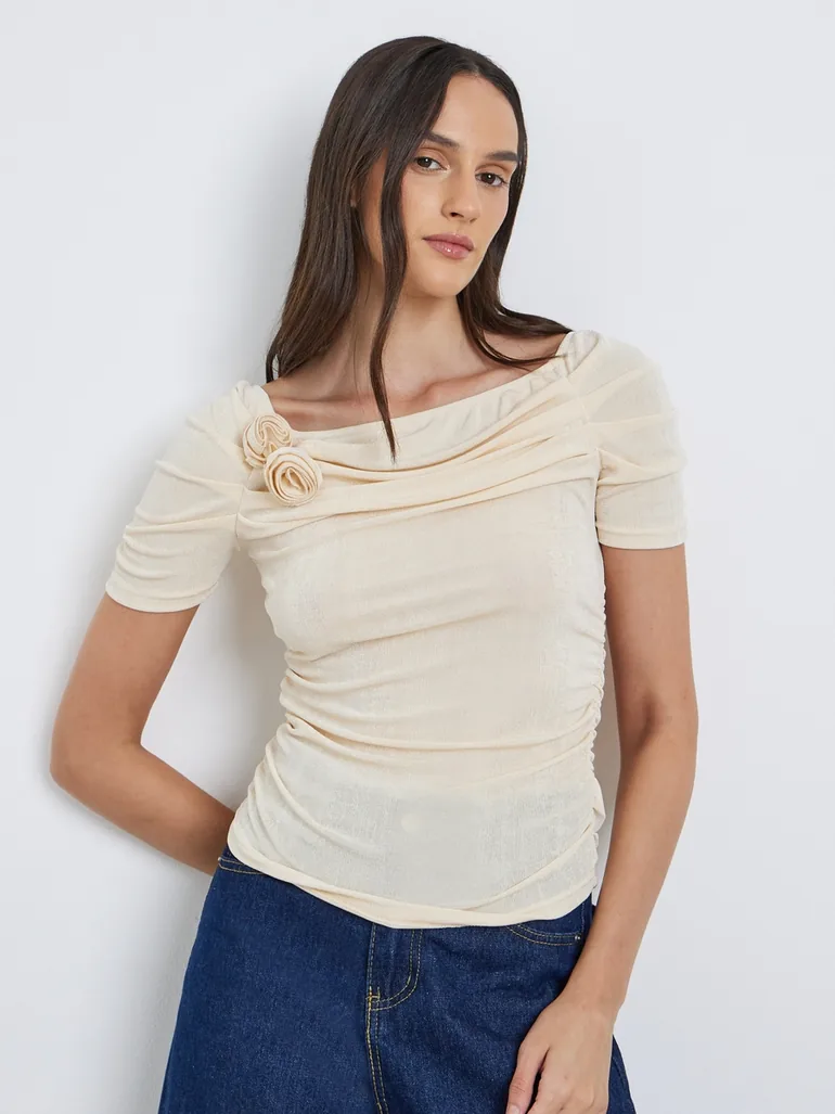 Flower Corsage Mesh Short Sleeve Top