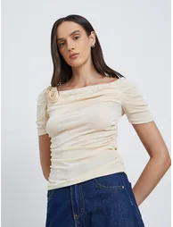 Flower Corsage Mesh Short Sleeve Top - 2