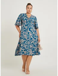 Plus Size V-Neck Short Sleeve A-Line Midi Dress
