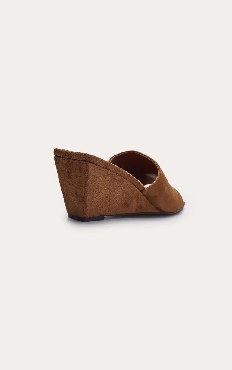 Tan Faux Suede Square Toe Mule Wedges - 3
