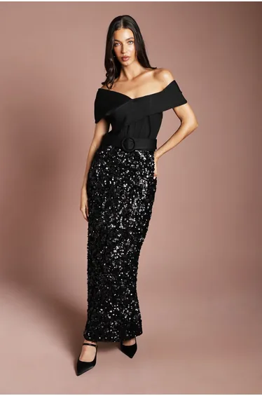 Bardot Bandage Bodice Sequin Skirt Maxi Dress