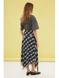 Black Plaid Patterned Tulle Lace Detailed Flexible Skirt - 7