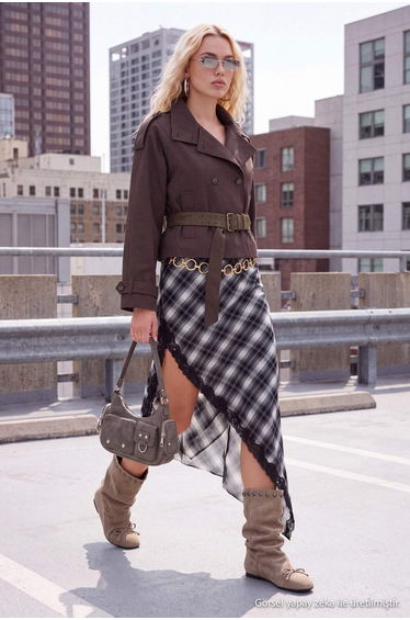 Black Plaid Patterned Tulle Lace Detailed Flexible Skirt