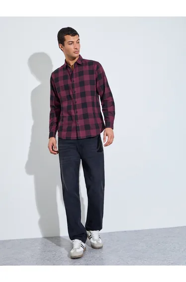 Maroon Checked Long Sleeves Regular Fit Shirt