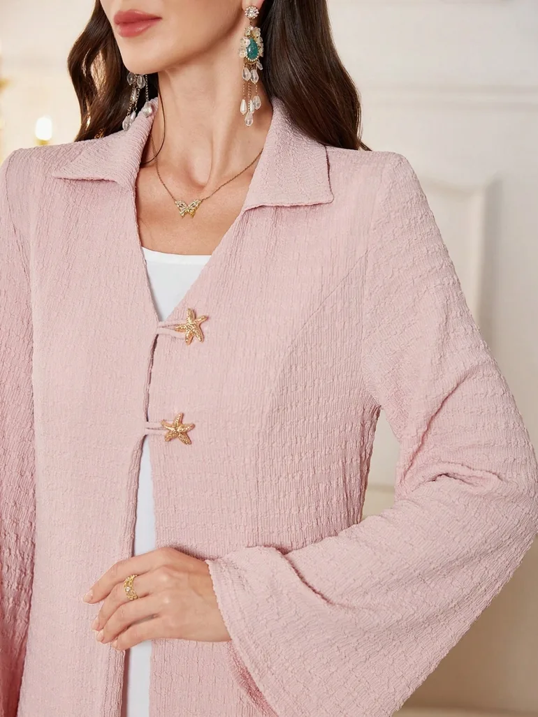 Light Pink Texture Button Detail Abaya - 1