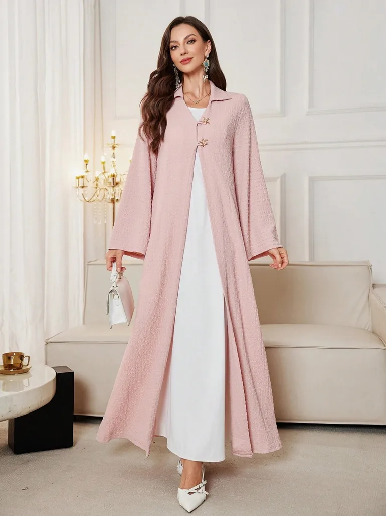 Light Pink Texture Button Detail Abaya - 5