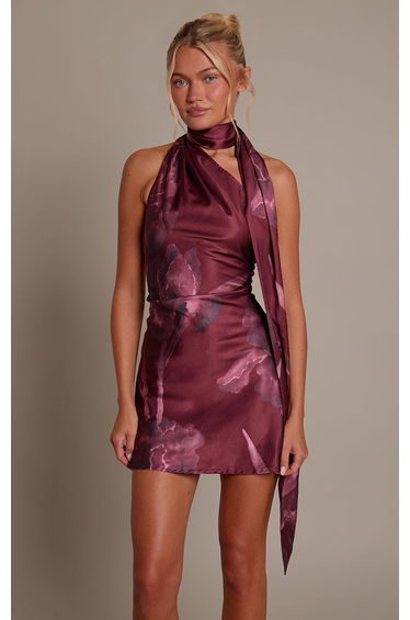 Deep Red Floral Printed Satin Mini Dress
