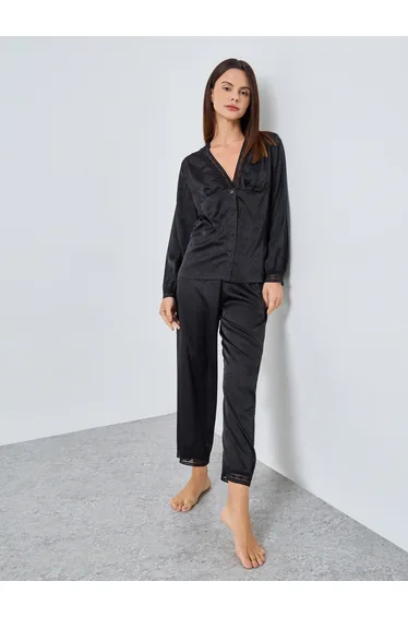 Satin Heart Jacquard Buttoned Shirt and Pyjama Set