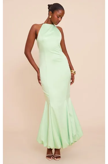 Green Satin Halterneck Puffball Maxi Dress