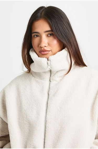 Funnel Neck Teddy Bomber Jacket - cream product thumbnail 4