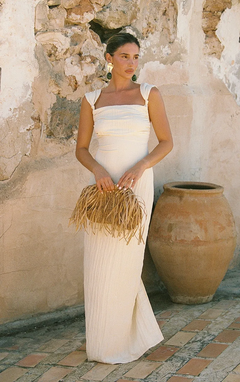 Cream Textured Knot Strap Detail Maxi Dress - 2