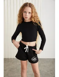 95%cotton 5%elastane long sleeve girl crop Black Blouse - 3