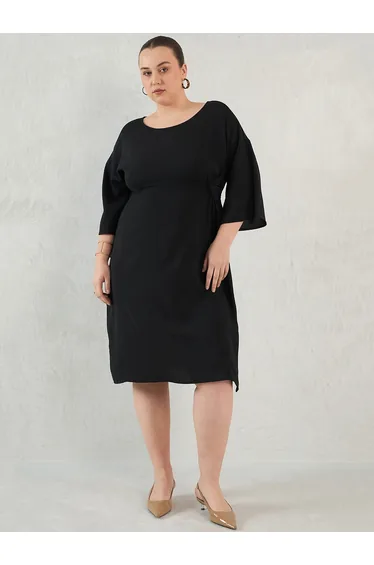 Plus Size Black Knot Detail Knee Length Dress