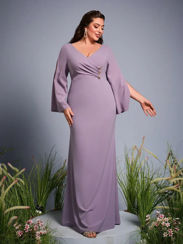Leely Plus Women's Elegant V Neck Split Sleeve Party Dress
