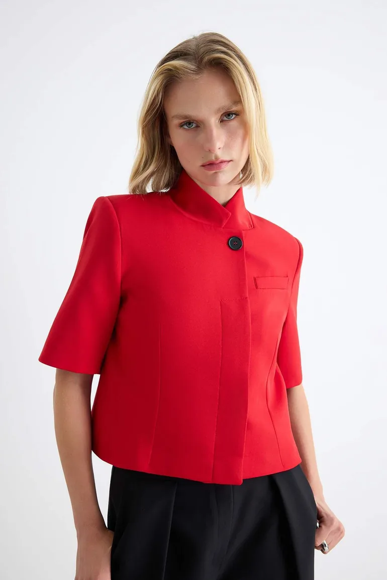 Red Stand Collar Short Sleeve Blazer Jacket