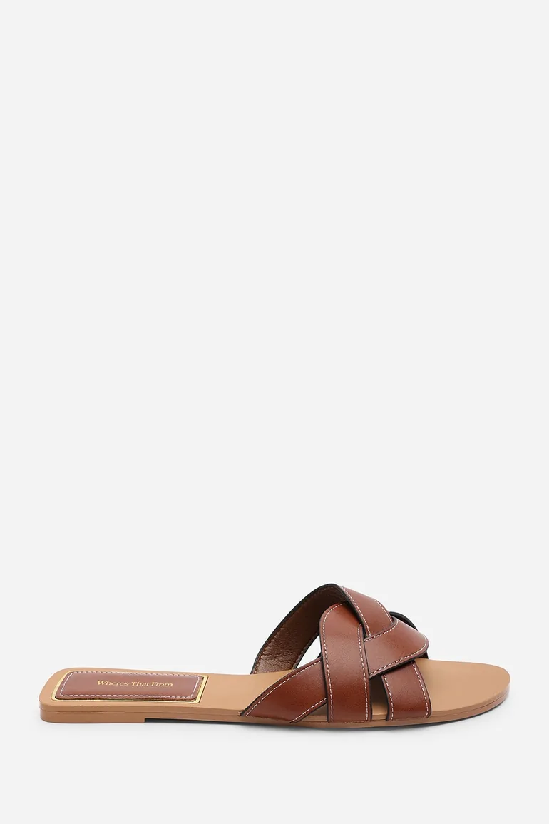 Elvira Braided Tan Slide On Sandals With Contrast Stitching - 1