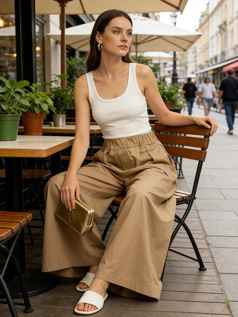Elasticated Waist High Waisted Pleated Pockets Solid Color Pants - 2