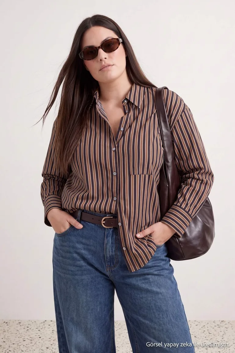 Yellow-Brown Striped Woven Oversized Shirt - 1