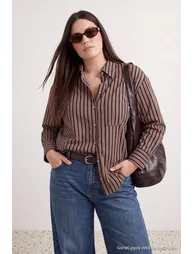 Yellow-Brown Striped Woven Oversized Shirt - 1