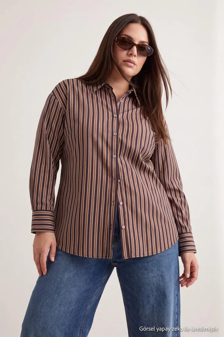 Yellow-Brown Striped Woven Oversized Shirt