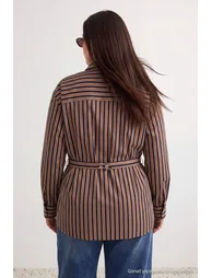 Yellow-Brown Striped Woven Oversized Shirt - 3