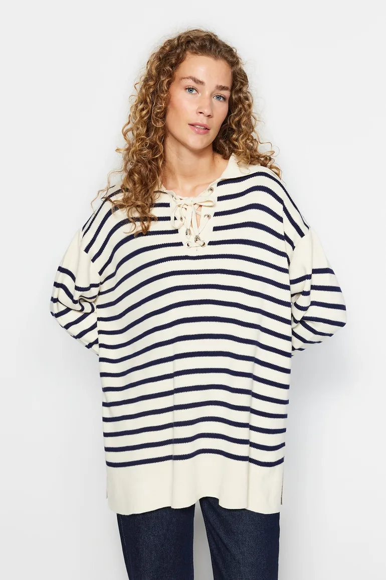 Beige Comfortable Fit Striped Knitwear Sweater - 1