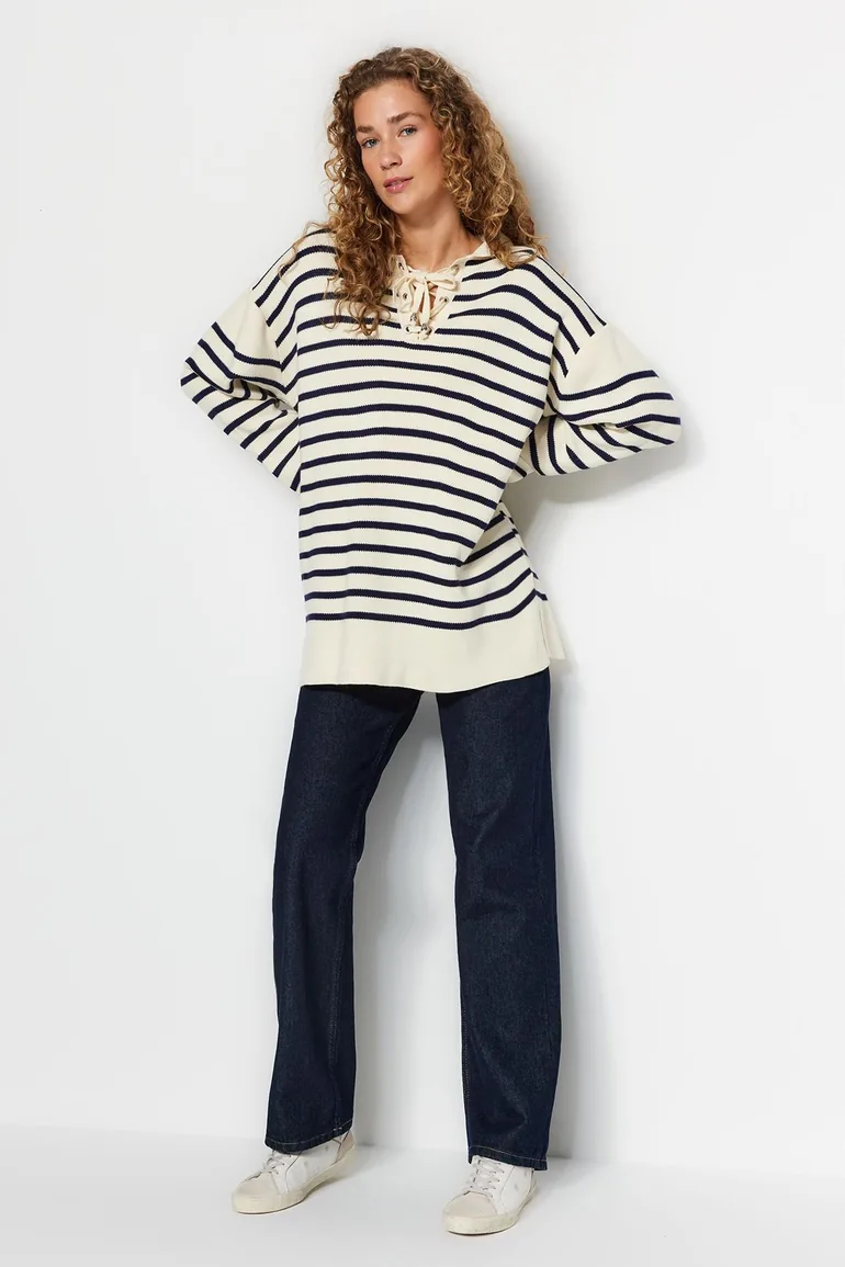Beige Comfortable Fit Striped Knitwear Sweater