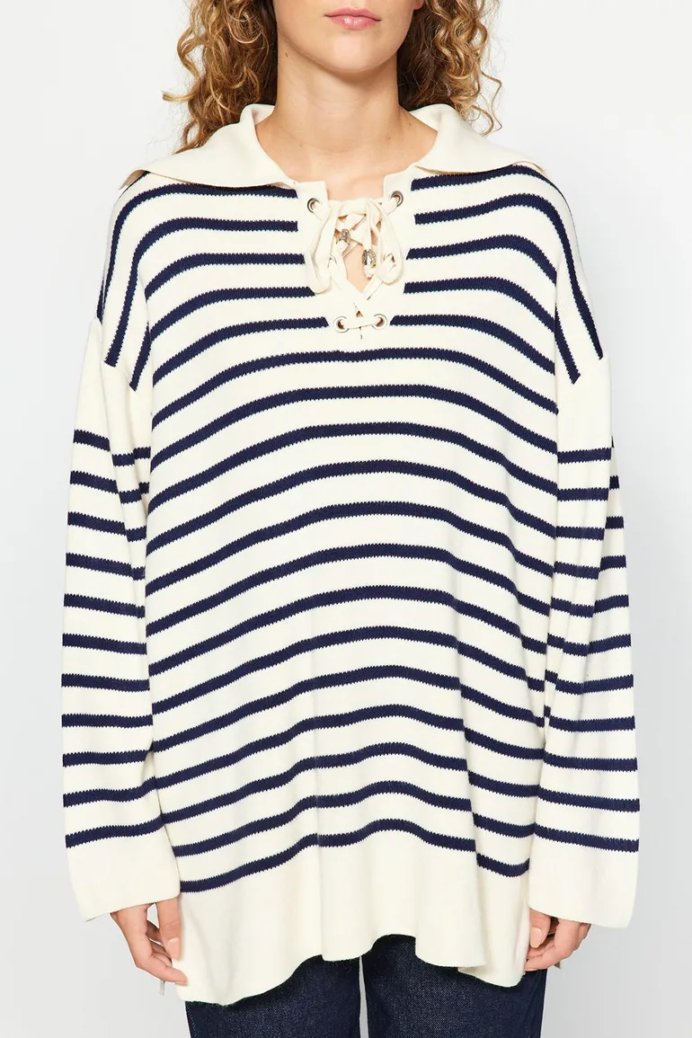 Beige Comfortable Fit Striped Knitwear Sweater - 2