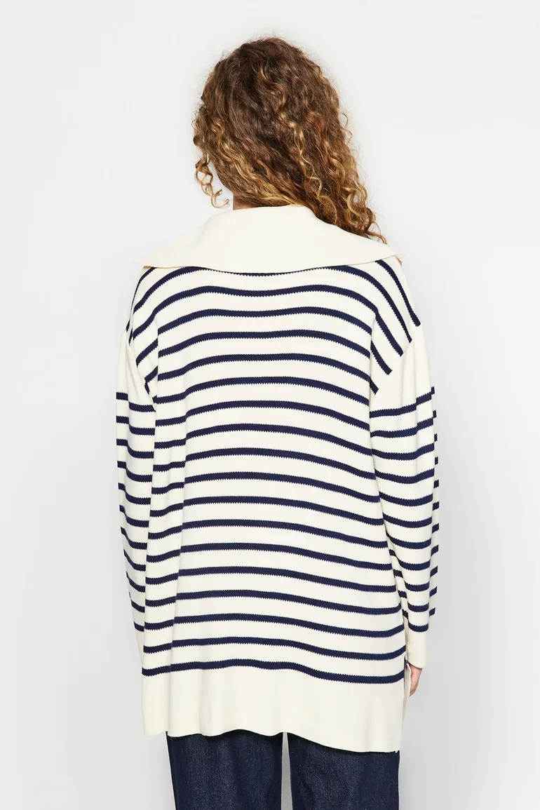 Beige Comfortable Fit Striped Knitwear Sweater - 4