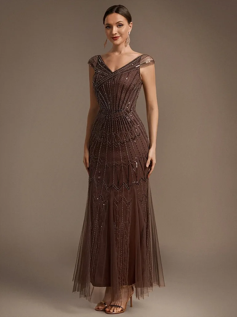 Short Sleeves Off Shoulder Fishtail Embroidered Evening Dresses - 2