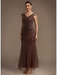Short Sleeves Off Shoulder Fishtail Embroidered Evening Dresses - 2