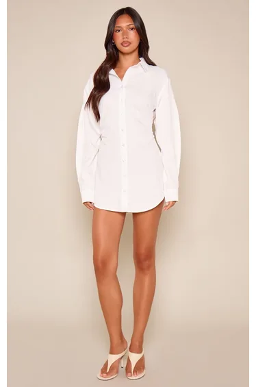 White Poplin Gathered Sleeve Waist Detail Shirt Dress