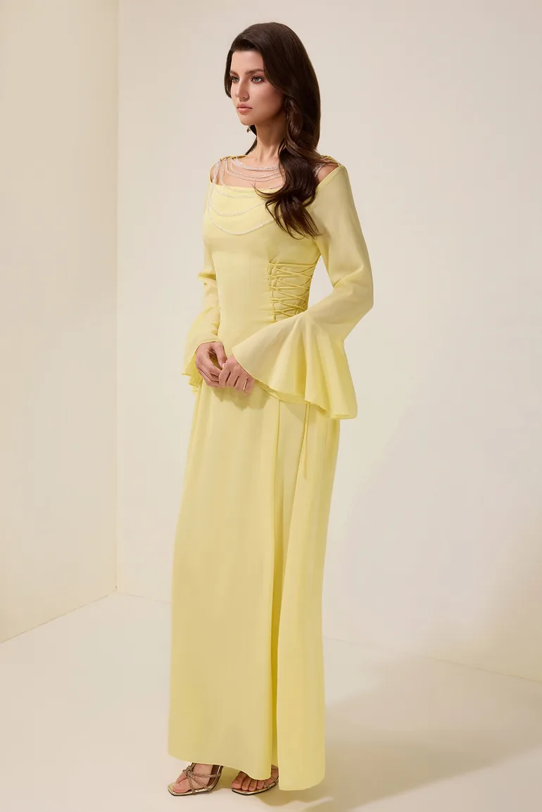 Chiffon Beaded Tie-up Frill Maxi Dress - 5
