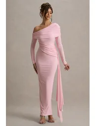 Valina | Pink Ruched Asymmetric Maxi Dress With Drape - 5