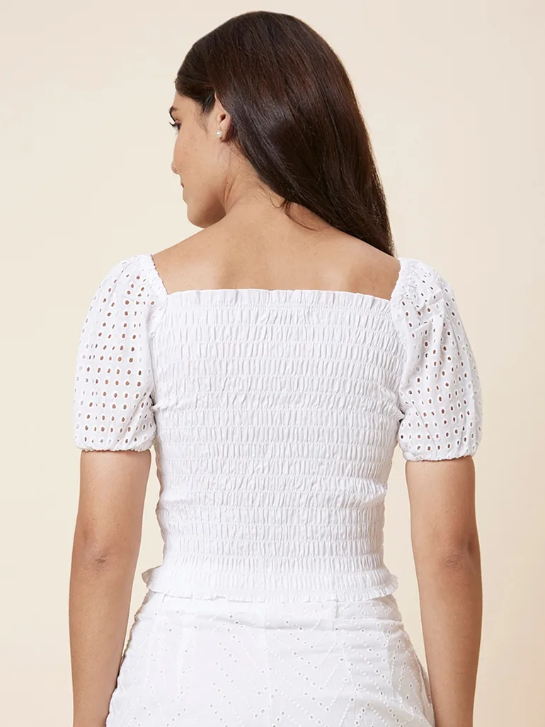 Textured Smocked Puff Sleeve Crop Top - 2
